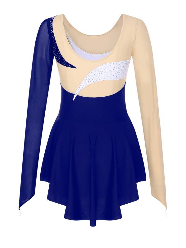 Women Sparkling Rhinestone Long Sleeve Figure Skating Leotard Dress thumb