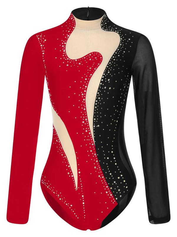 Women Color Block Long Sleeve Gymnastics Acrobatics Dance Leotard thumb