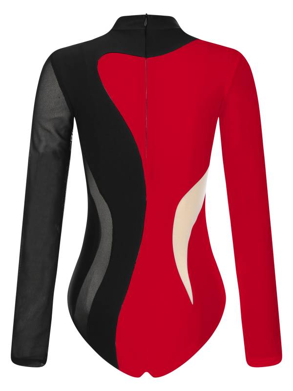 Women Color Block Long Sleeve Gymnastics Acrobatics Dance Leotard thumb