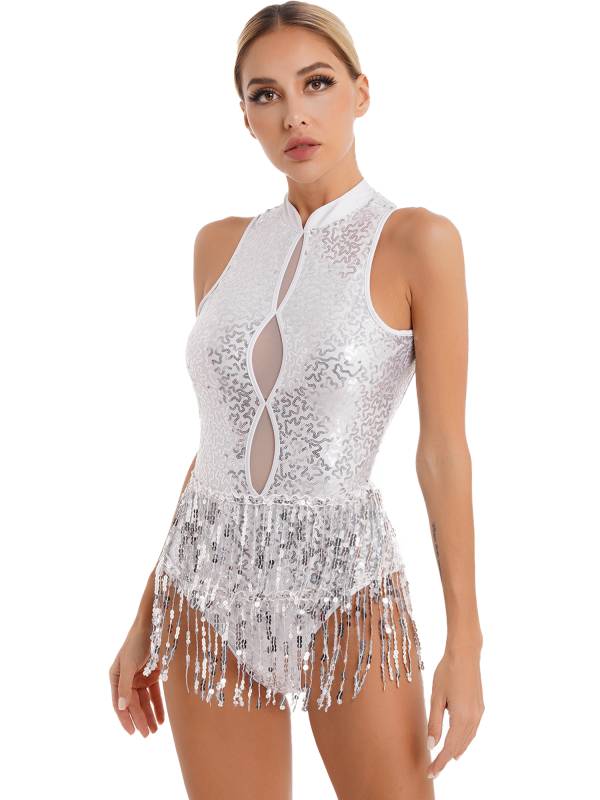 Women Sleeveless Sequins Tassel Latin Jazz Dance Leotard thumb