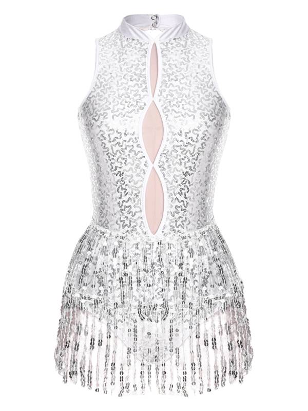 Women Sleeveless Sequins Tassel Latin Jazz Dance Leotard thumb