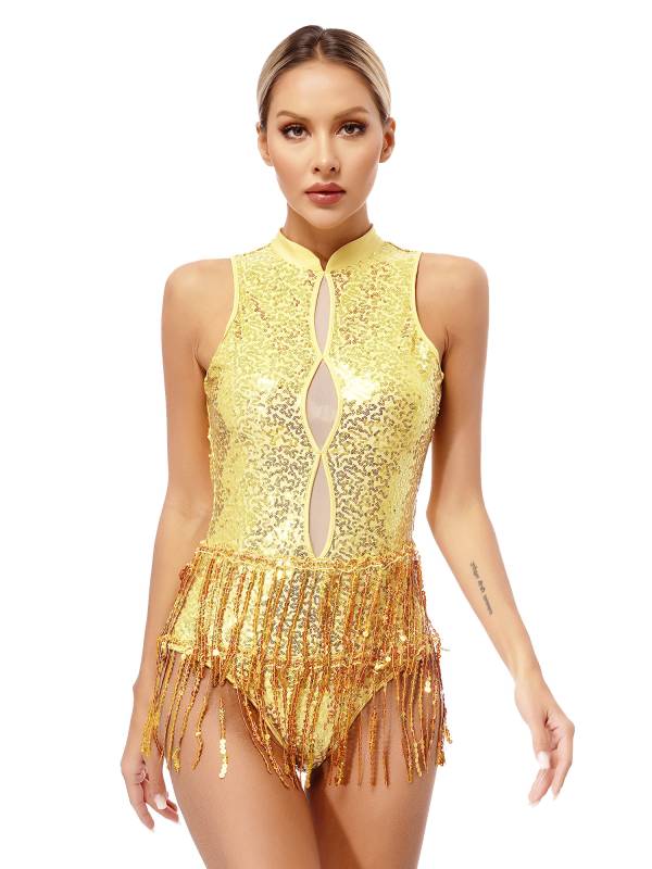 Women Sleeveless Sequins Tassel Latin Jazz Dance Leotard thumb