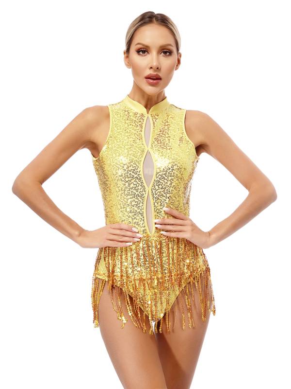 Women Sleeveless Sequins Tassel Latin Jazz Dance Leotard thumb