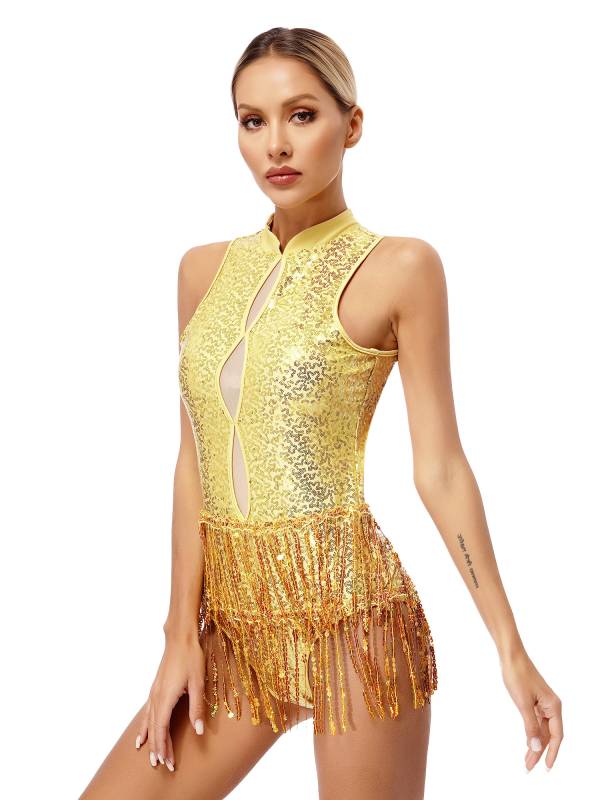 Women Sleeveless Sequins Tassel Latin Jazz Dance Leotard thumb