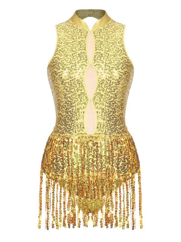 Women Sleeveless Sequins Tassel Latin Jazz Dance Leotard thumb