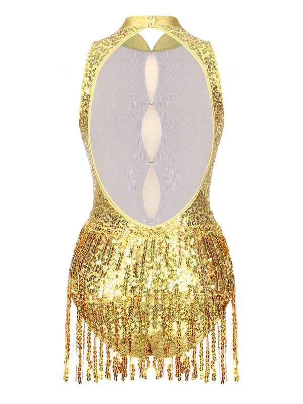 Women Sleeveless Sequins Tassel Latin Jazz Dance Leotard thumb