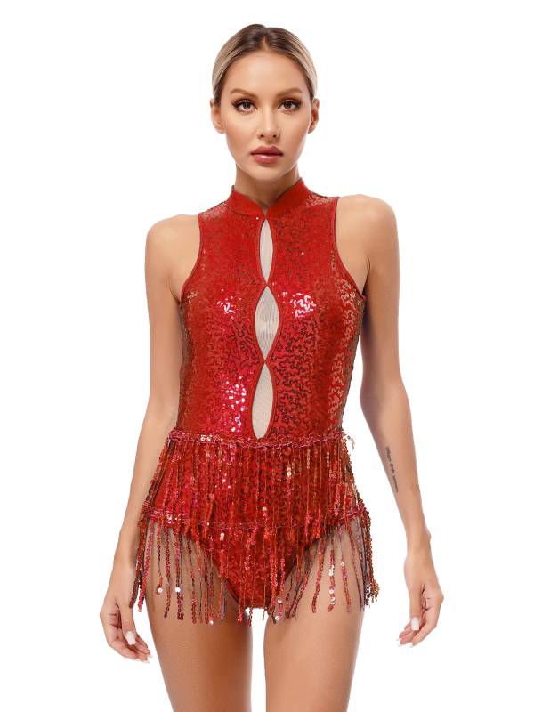 Women Sleeveless Sequins Tassel Latin Jazz Dance Leotard thumb