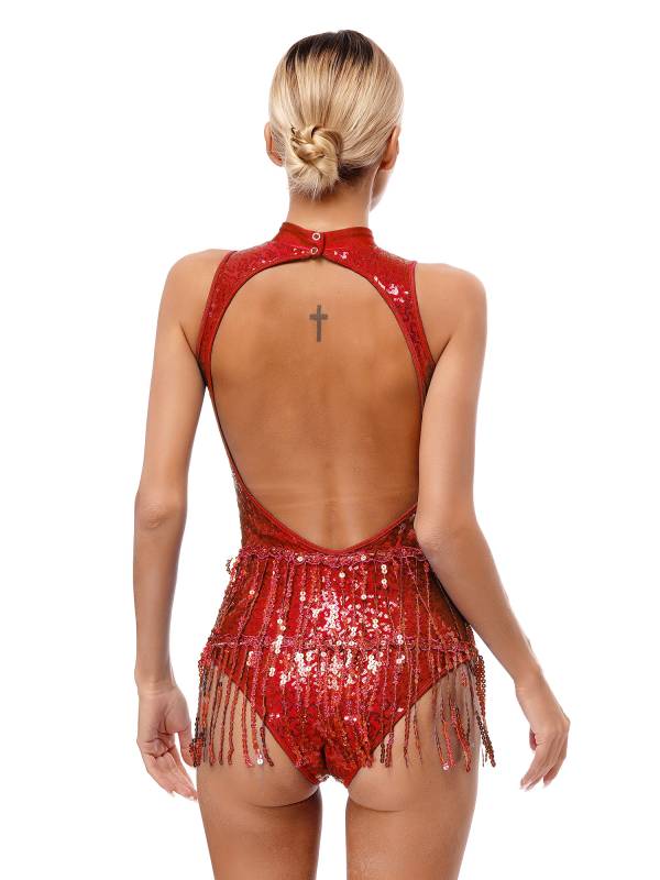 Women Sleeveless Sequins Tassel Latin Jazz Dance Leotard thumb