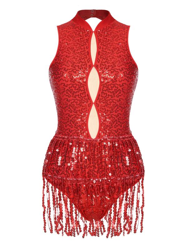 Women Sleeveless Sequins Tassel Latin Jazz Dance Leotard thumb