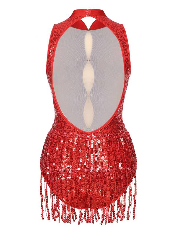 Women Sleeveless Sequins Tassel Latin Jazz Dance Leotard thumb