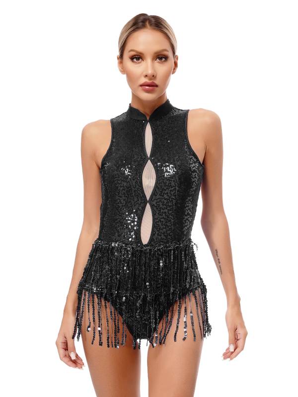 Women Sleeveless Sequins Tassel Latin Jazz Dance Leotard thumb