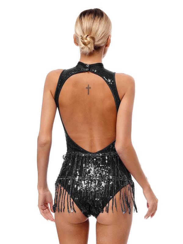 Women Sleeveless Sequins Tassel Latin Jazz Dance Leotard thumb