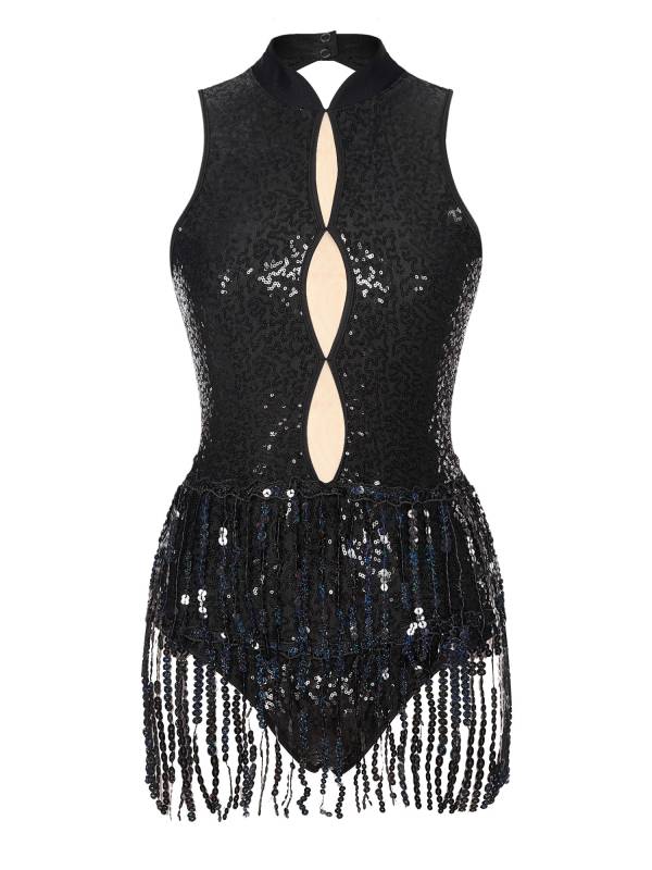 Women Sleeveless Sequins Tassel Latin Jazz Dance Leotard thumb
