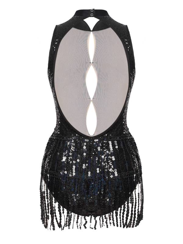 Women Sleeveless Sequins Tassel Latin Jazz Dance Leotard thumb