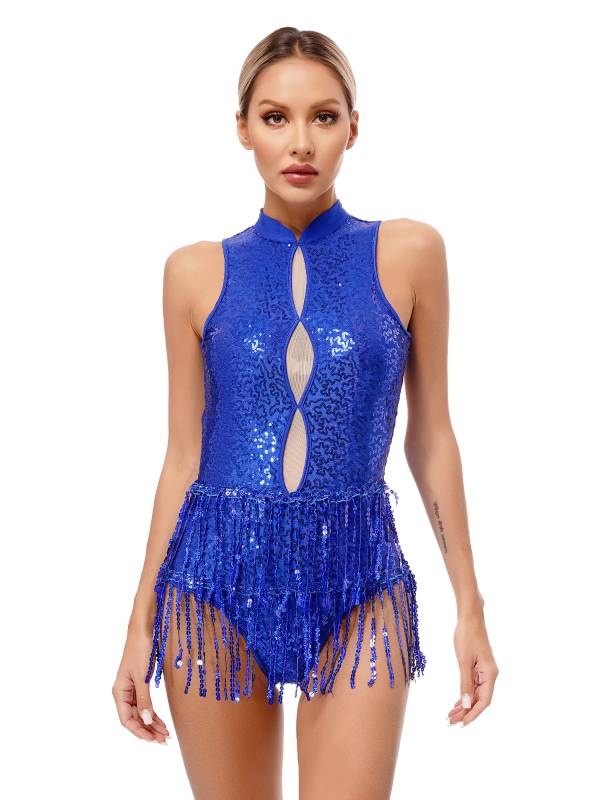 Women Sleeveless Sequins Tassel Latin Jazz Dance Leotard thumb