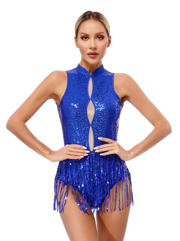 Women Sleeveless Sequins Tassel Latin Jazz Dance Leotard thumb
