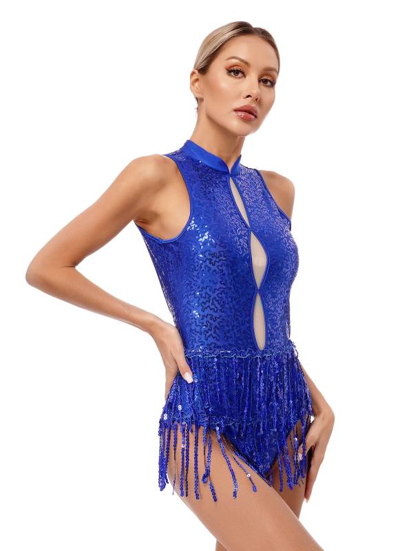 Women Sleeveless Sequins Tassel Latin Jazz Dance Leotard thumb
