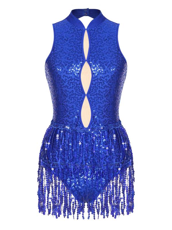 Women Sleeveless Sequins Tassel Latin Jazz Dance Leotard thumb