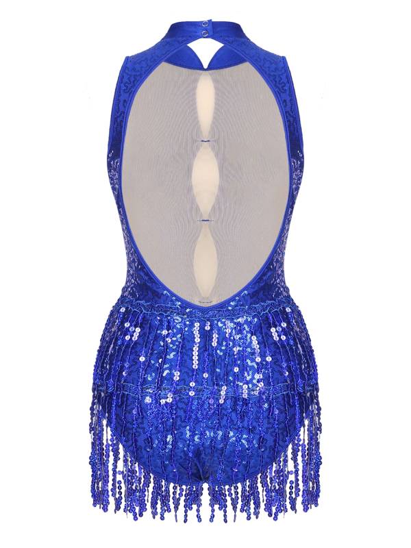 Women Sleeveless Sequins Tassel Latin Jazz Dance Leotard thumb
