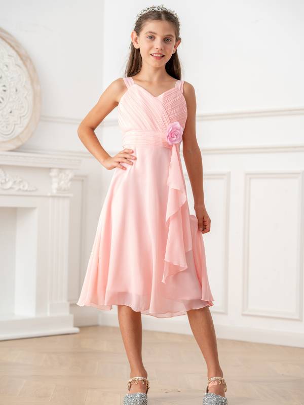 Kids Girls V Neck Sleeveless Ruched Bodice Chiffon Junior Bridesmaid Dress thumb