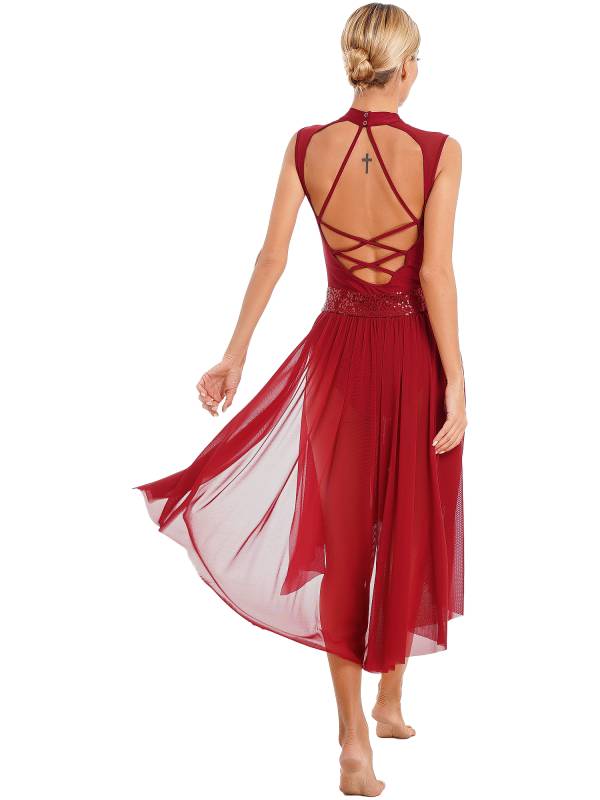 Women Sparkly Sequins Backless Dress Lyrical Dance Leotard Dress thumb
