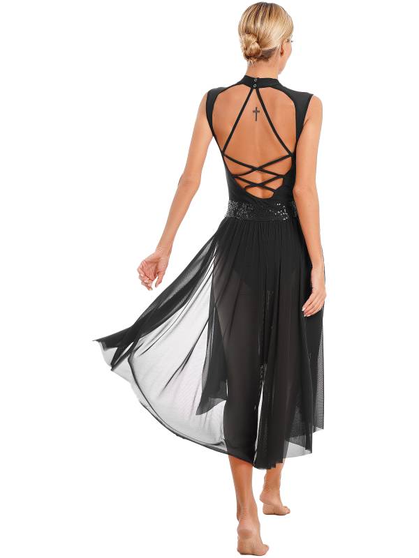 Women Sparkly Sequins Backless Dress Lyrical Dance Leotard Dress thumb