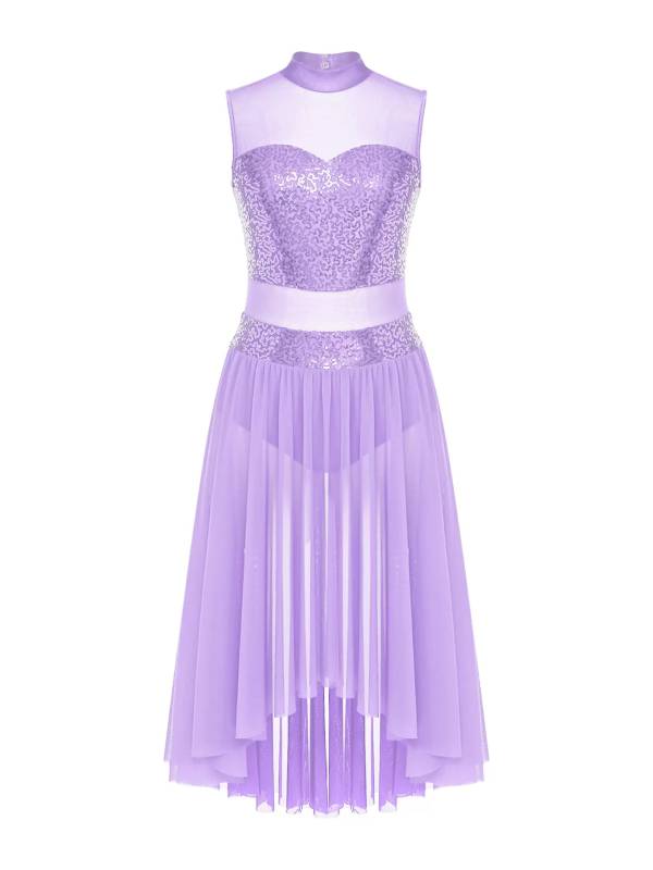 Women Sparkly Sequins Backless Dress Lyrical Dance Leotard Dress thumb
