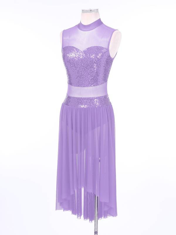 Women Sparkly Sequins Backless Dress Lyrical Dance Leotard Dress thumb