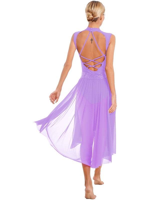 Women Sparkly Sequins Backless Dress Lyrical Dance Leotard Dress thumb