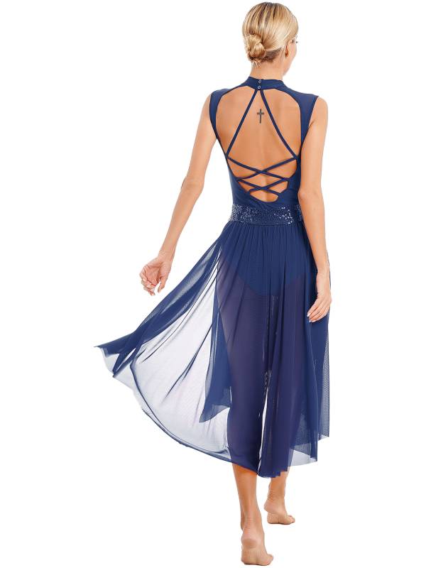 Women Sparkly Sequins Backless Dress Lyrical Dance Leotard Dress thumb