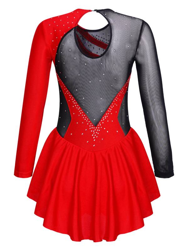 Kids Girls Long Sleeve Sequins Rhinestone Skating Dance Dress thumb