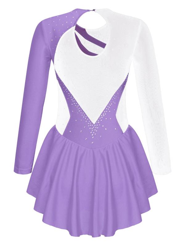 Kids Girls Long Sleeve Sequins Rhinestone Skating Dance Dress thumb