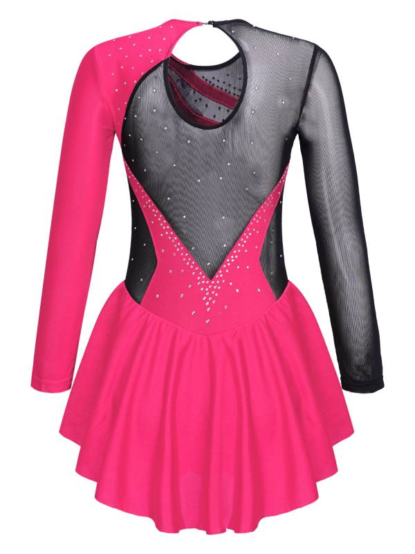Kids Girls Long Sleeve Sequins Rhinestone Skating Dance Dress thumb