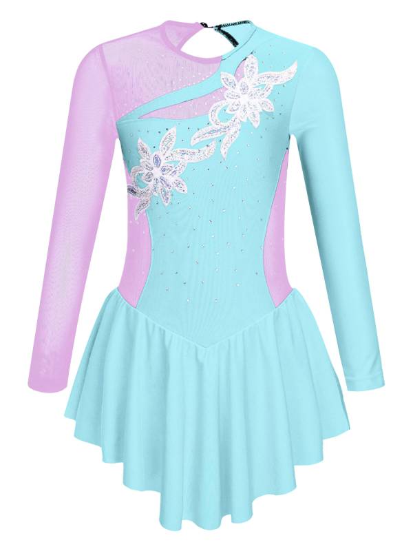 Kids Girls Long Sleeve Sequins Rhinestone Skating Dance Dress thumb