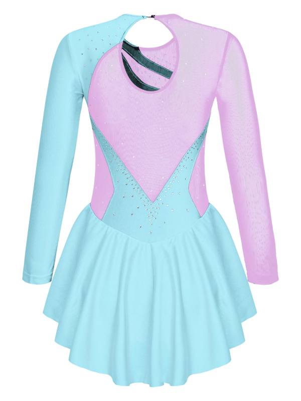 Kids Girls Long Sleeve Sequins Rhinestone Skating Dance Dress thumb
