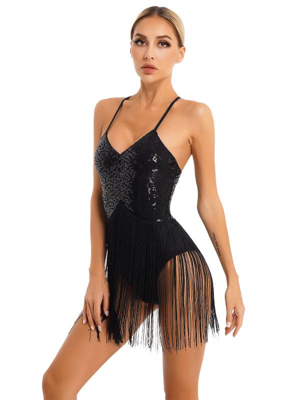 Women Straps Sequins Fringed Latin Dance Leotard thumb
