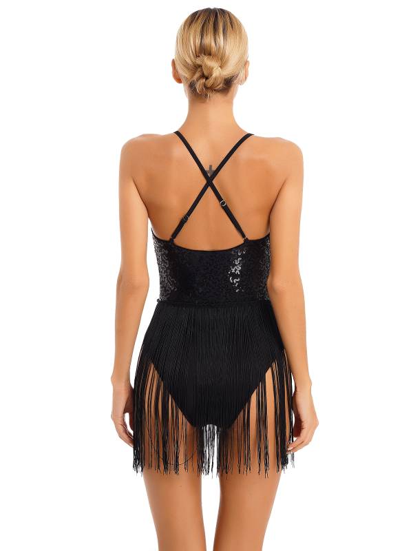 Women Straps Sequins Fringed Latin Dance Leotard thumb