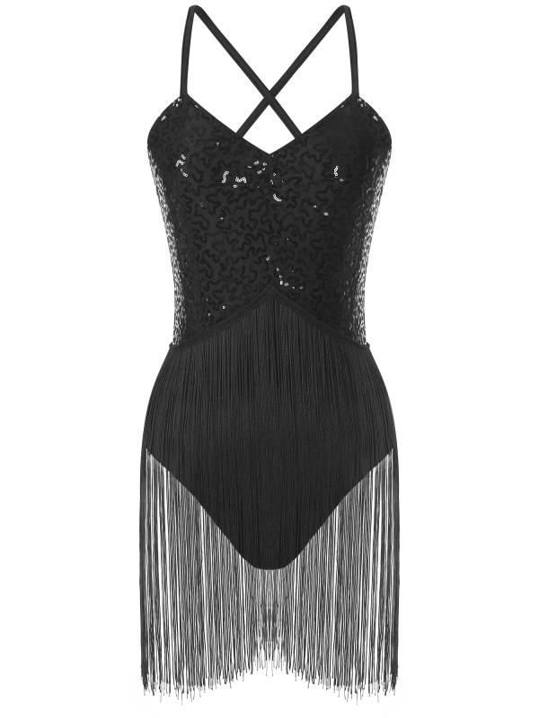 Women Straps Sequins Fringed Latin Dance Leotard thumb