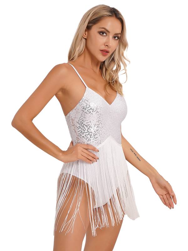 Women Straps Sequins Fringed Latin Dance Leotard thumb