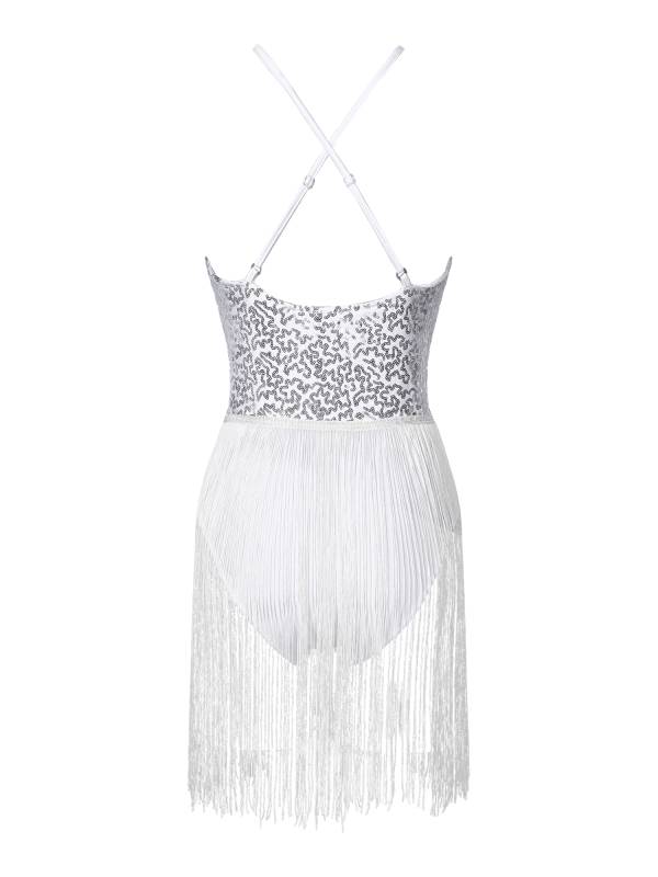 Women Straps Sequins Fringed Latin Dance Leotard thumb