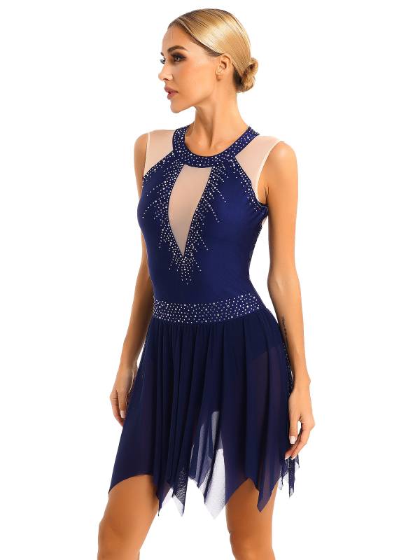 Women Glitter Rhinestone Sleeveless Figure Skating Leotard Dress thumb