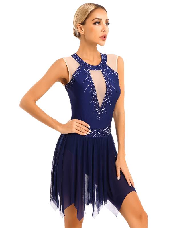 Women Glitter Rhinestone Sleeveless Figure Skating Leotard Dress thumb