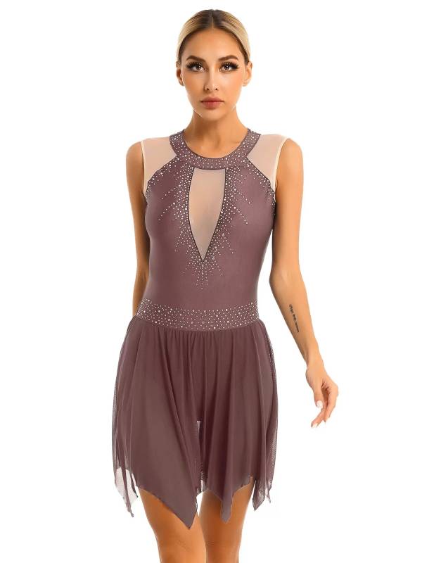 Women Glitter Rhinestone Sleeveless Figure Skating Leotard Dress thumb