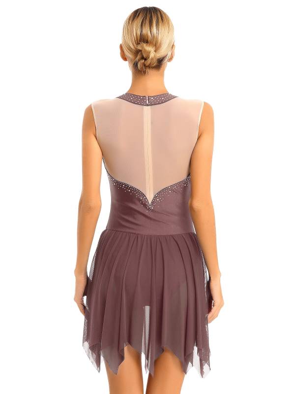 Women Glitter Rhinestone Sleeveless Figure Skating Leotard Dress thumb