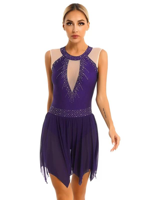 Women Glitter Rhinestone Sleeveless Figure Skating Leotard Dress thumb