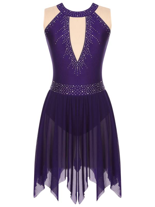 Women Glitter Rhinestone Sleeveless Figure Skating Leotard Dress thumb