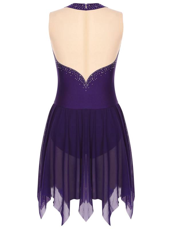 Women Glitter Rhinestone Sleeveless Figure Skating Leotard Dress thumb