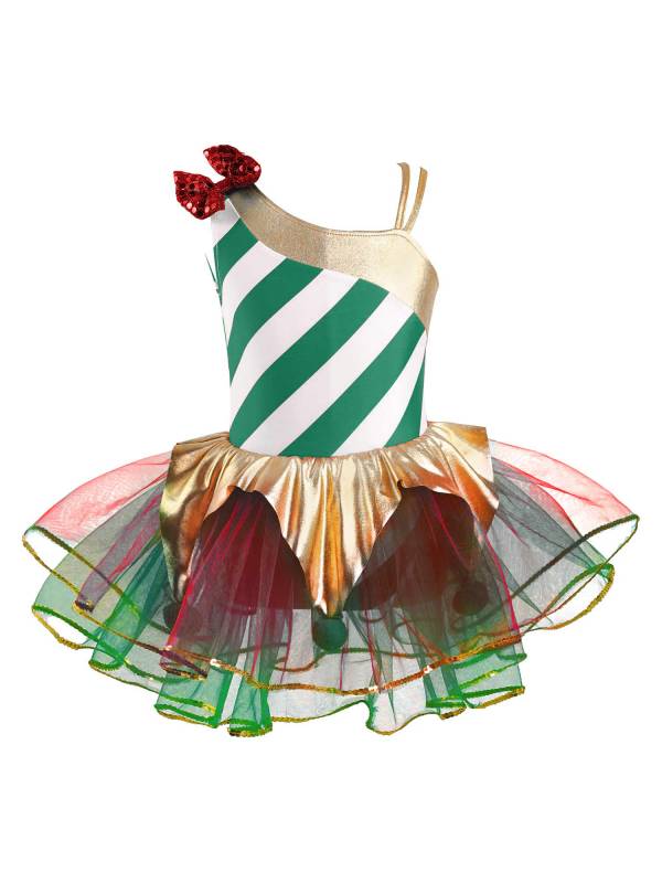 Kids Girls Christmas Sleeveless Asymmetrical Shoulder Stripes Mesh Tutu Dress thumb