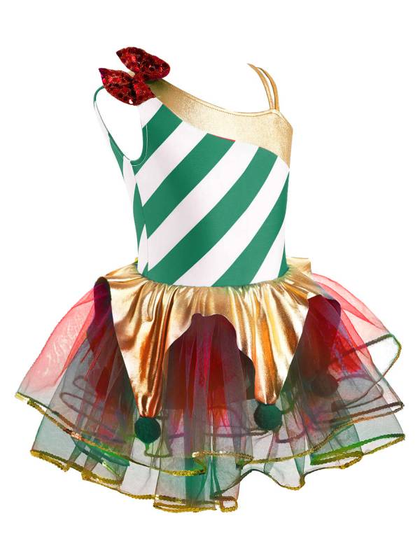 Kids Girls Christmas Sleeveless Asymmetrical Shoulder Stripes Mesh Tutu Dress thumb