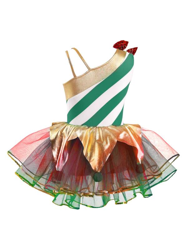 Kids Girls Christmas Sleeveless Asymmetrical Shoulder Stripes Mesh Tutu Dress thumb